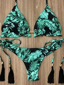 Traje de baño con cuello Halter para mujer, bañador Sexy con Tanga, microbikini con relleno de cuerda, Bikini brasileño de vendaje con estampado de plantas tropicales 2019