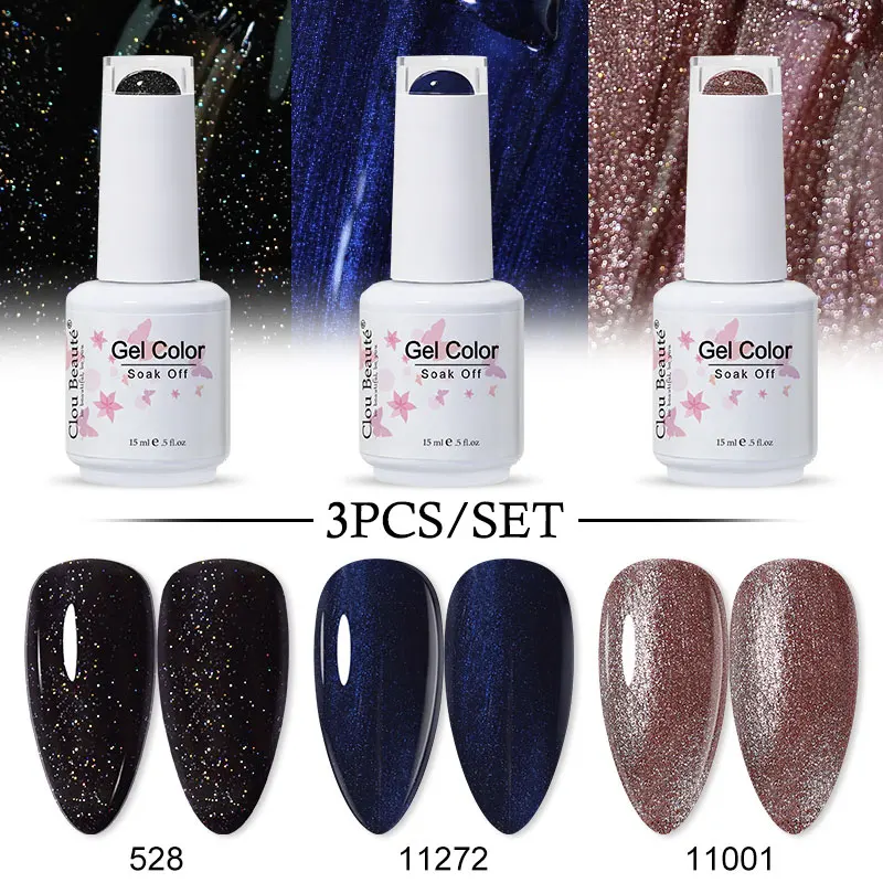 Clou Beaute 15ML 3pcs Christmas Color Scheme Gel Polish Set Glitter Translucent Soak Off Fluorescence LED UV Hybrid For Manicure 4