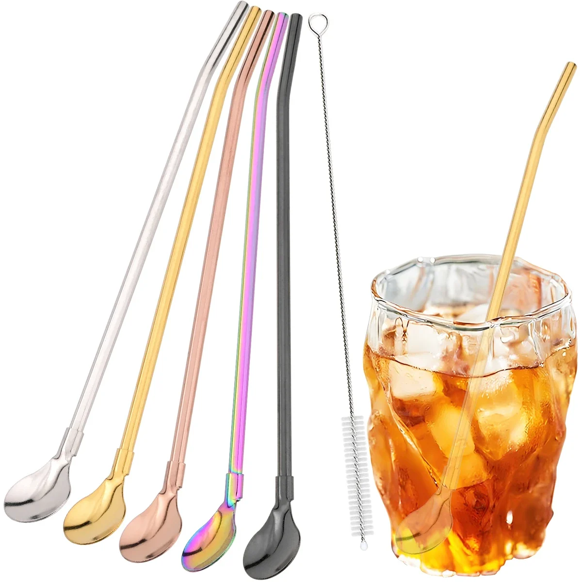 5pcs Bend 2-in-1 Metal Straw and Spoon Set Stainless Steel Straw with Brush Reusable Straws for Cocktails Milkshake Coffee Juice