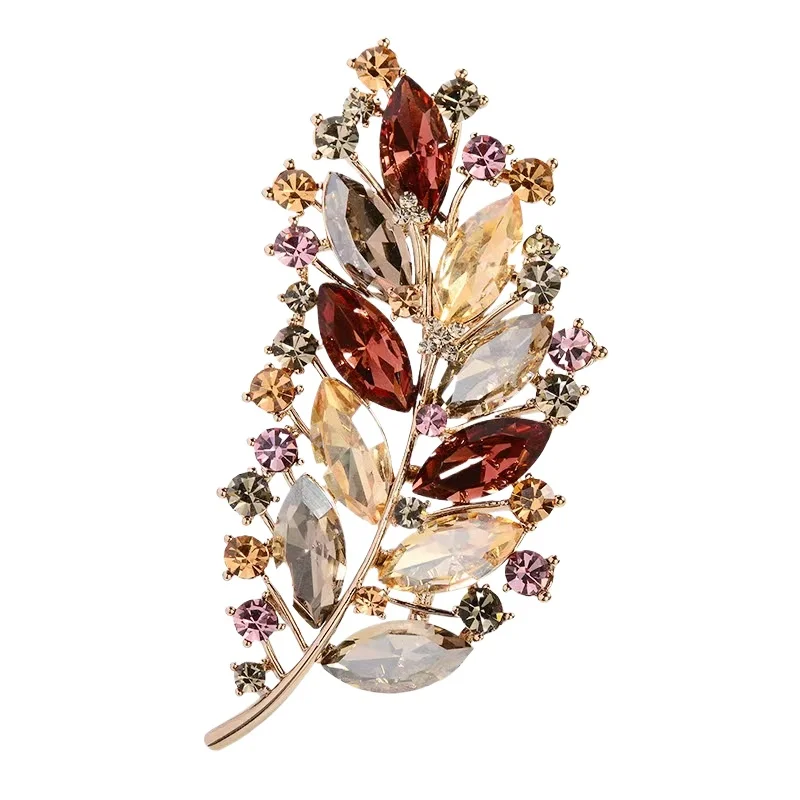 

Real gold electroplated crystal leaf brooch women's suit jacket coat corsage high-end luxury pin