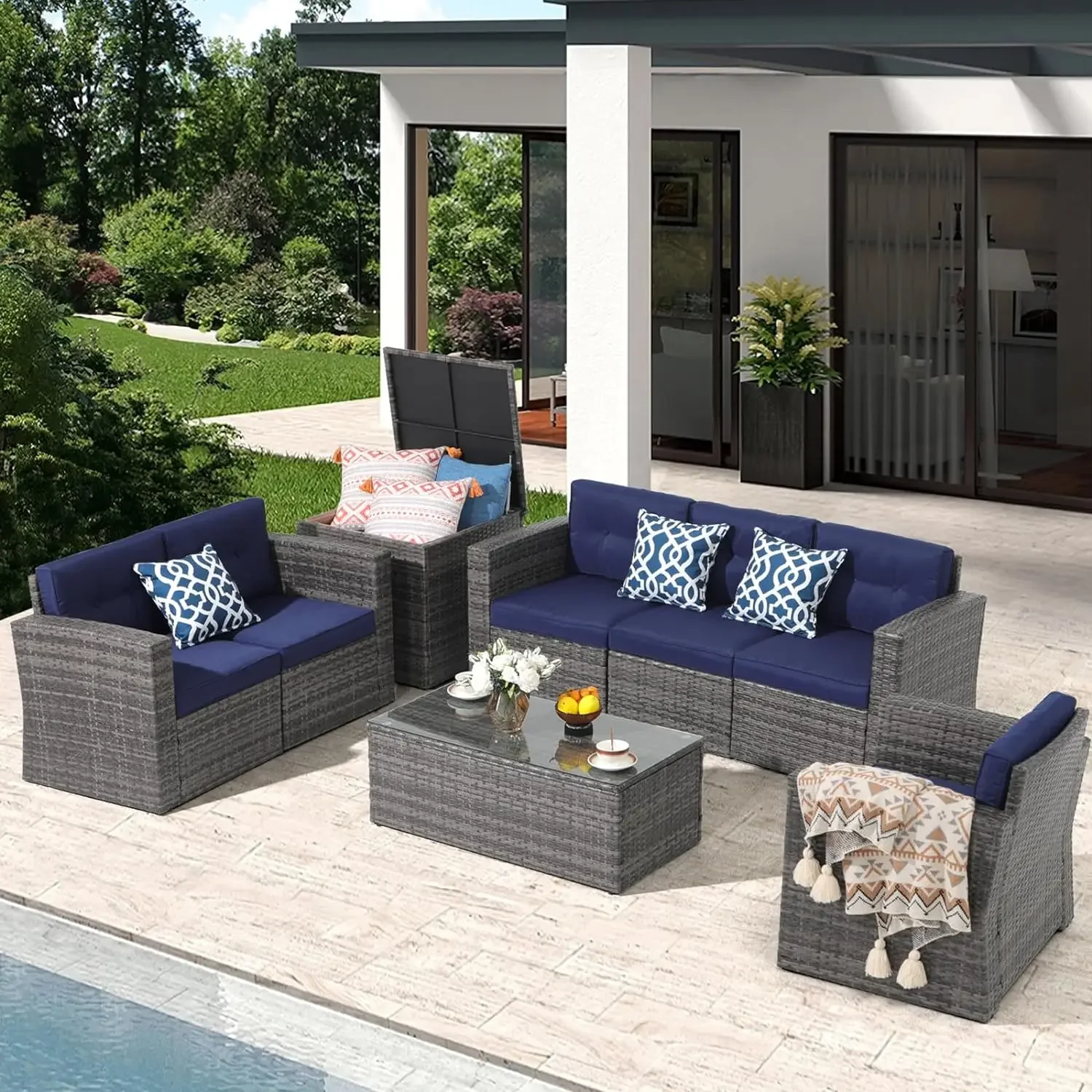 Patio Conversation Sets, All-Weather PE Wicker Outdoor Sectional Sofa with Ottoman, Tempered Glass Coffee Table