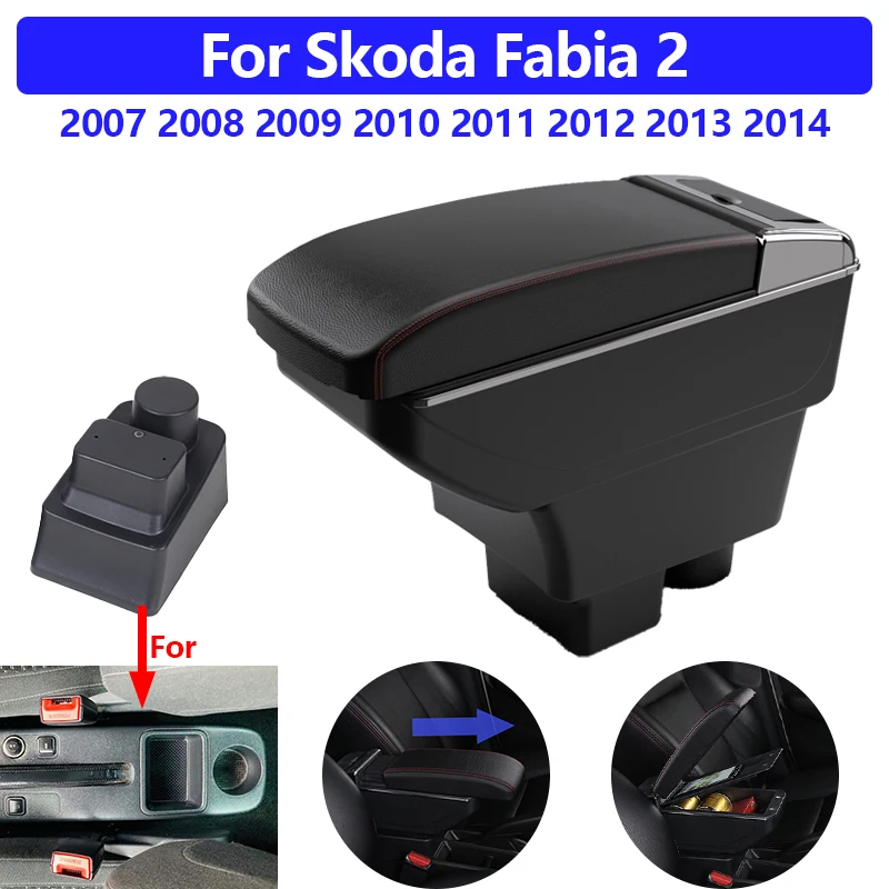 

For Skoda Fabia 2 5J 2007-2014 Car Armrest Box Center Console Storage with Cup Holder PU Leather No Drilling Easy Installation