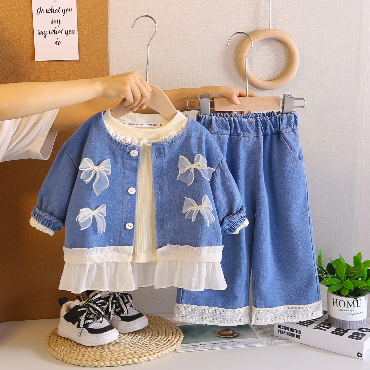 Autumn Children Clothes Set 1-5T Sweet Girls Bow Splice Denim Coat + Wide Leg Pants + Undershirts Korean Loose Kids Outfit 3PCS