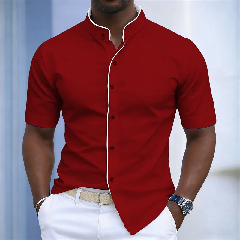 Chemise d'été pour homme à col montant et manches courtes, 20 couleurs, design color block tendance, coupe ajustée, chemise décontractée pour affaires, tailles XS-6XL