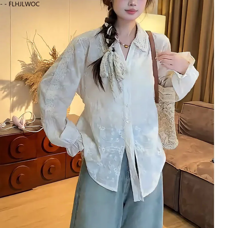 Mori Meisjes Zuid-Korea Leuke Zoete Borduren Tops Vrouwen FLHJLWOC Preppy Stijl Datum Meisjes Vintage Kant Transparante Shirts Blouses