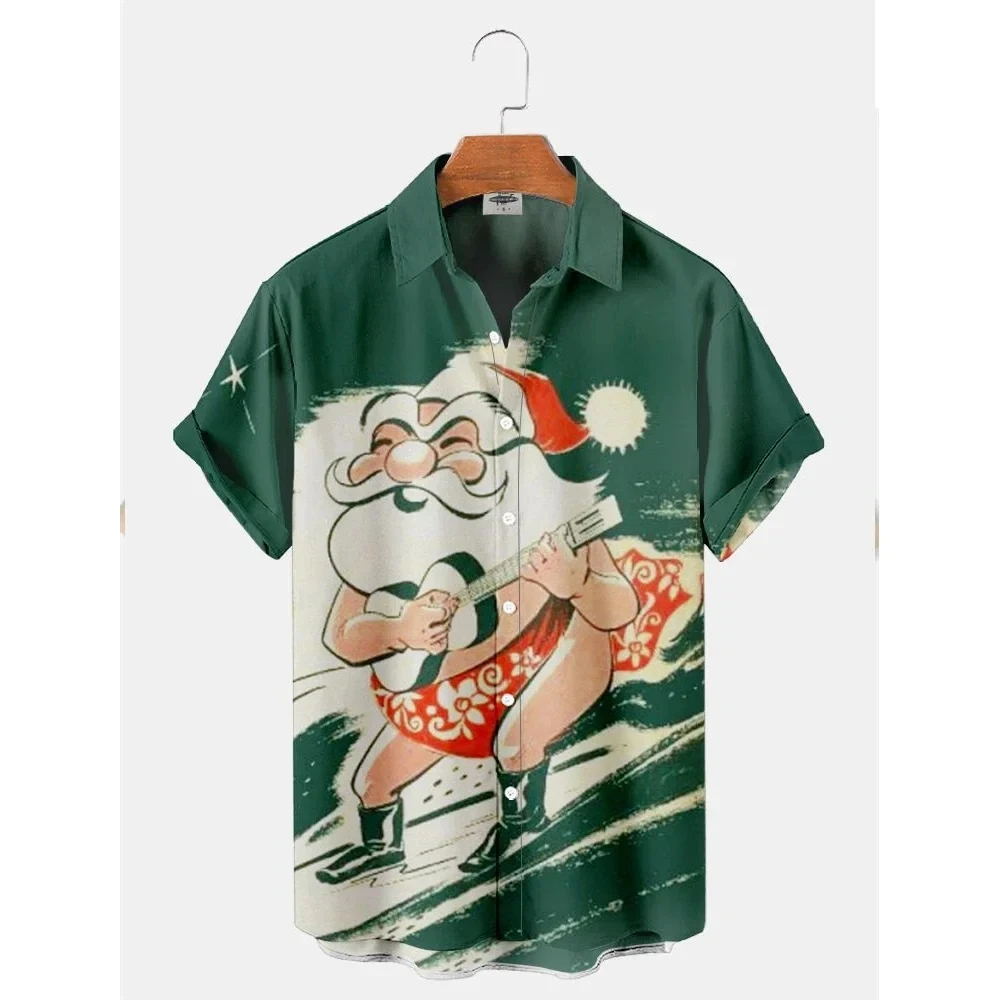 Men\'s Shirts Christmas Graphic Santa Claus Hawaiian Harajuku Tops Short Print Tee Lapel Fashion Holiday Oversized Clothes