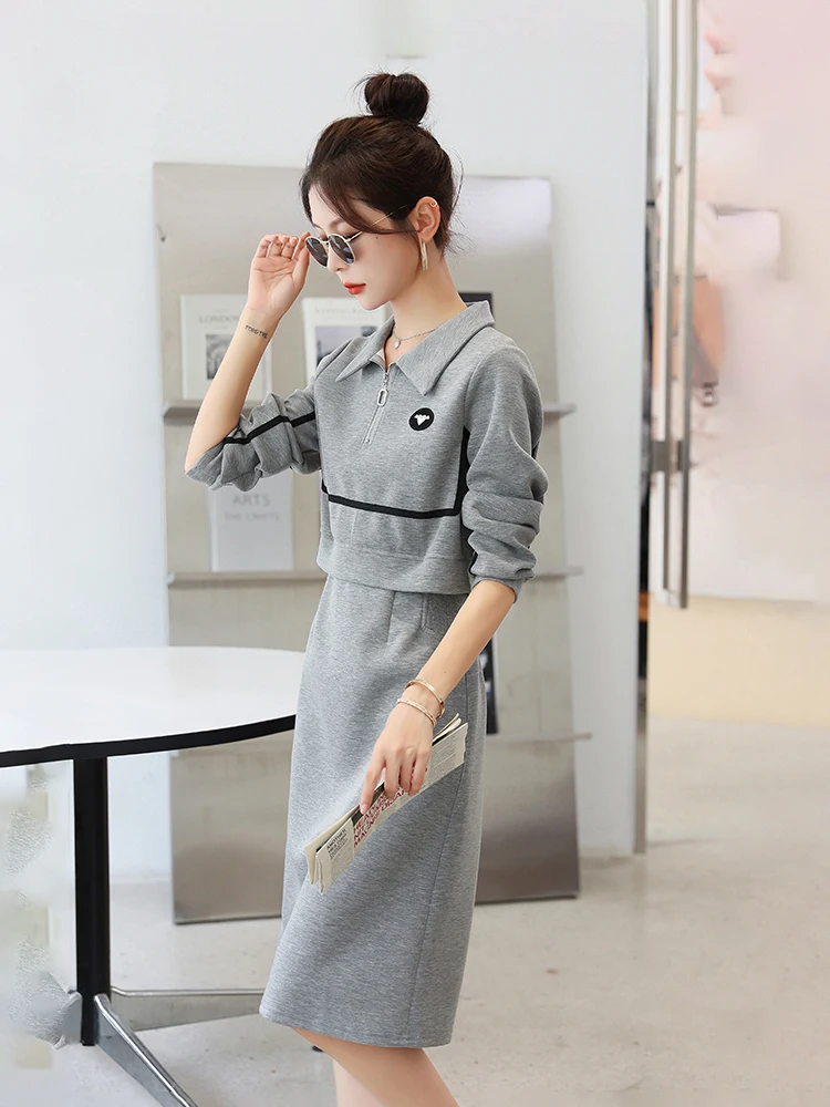 Long Polo Collar Dress for Women Fake Two Pieces Dress Casual Wear Black and Gray Fashion New Spring Autumn 2023