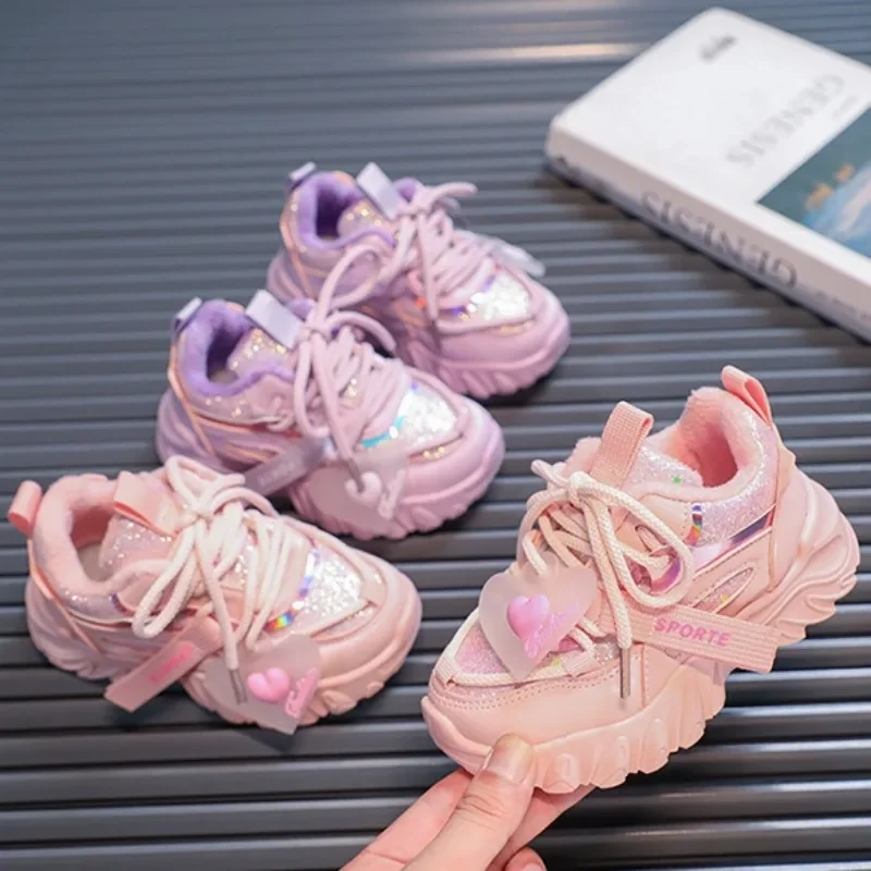 Autumn Winter Kids Sneakers Girls Plush Thicken Sports Shoes Fashion Sequins Thick Sole Casual Shoes Lace Up Warm Cotton Shoes