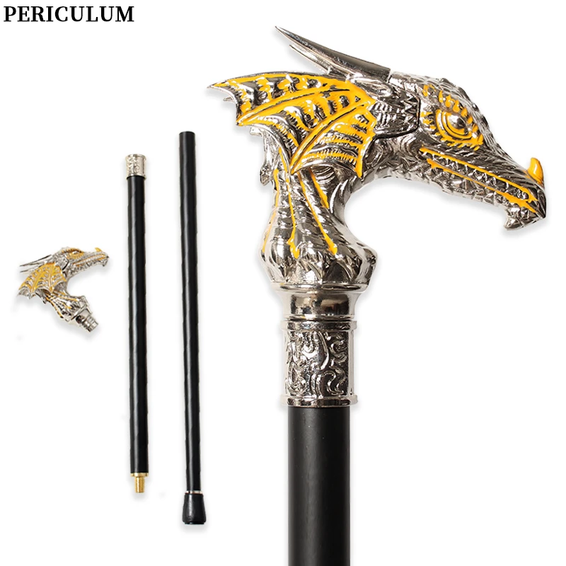 Bright Silver Yellow Dragon Head Walking Cane Detachable Fancy Walking Stick Medieval Cosplay Halloween Prop for Men Women