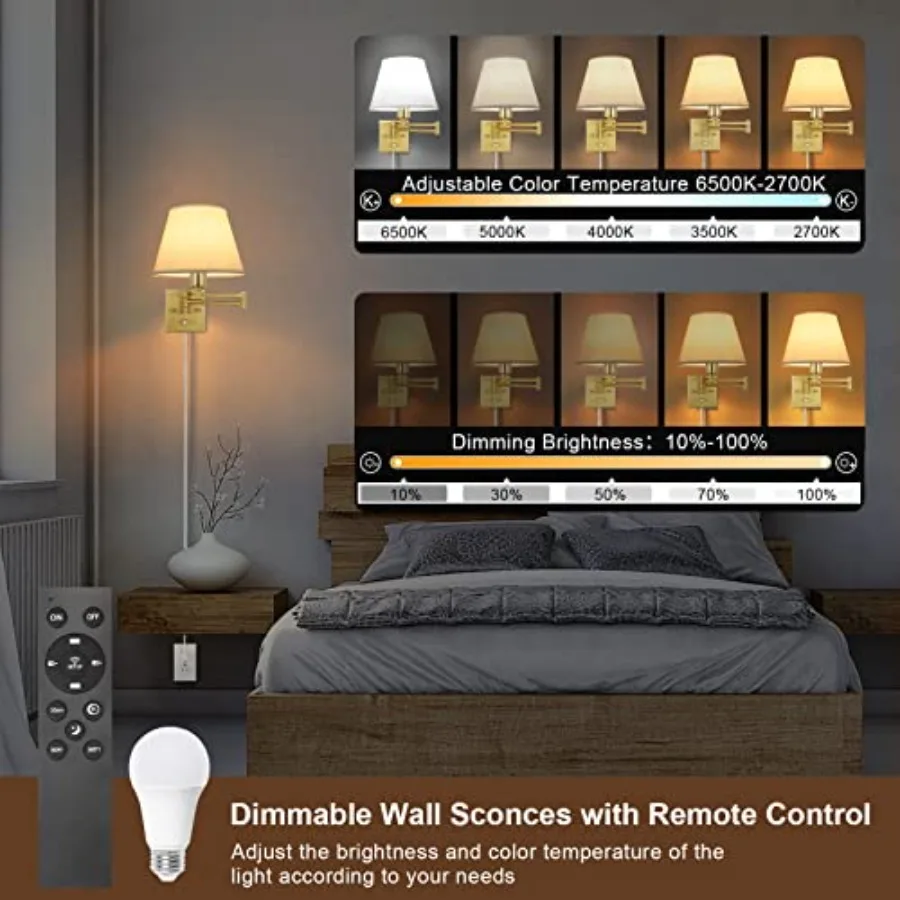 Dimmable Wall Sconce Remote Control Dimming 10-100% and Adjustable Color Temperature 2700K-6500K Brushed Brass Swing Arm Wall L