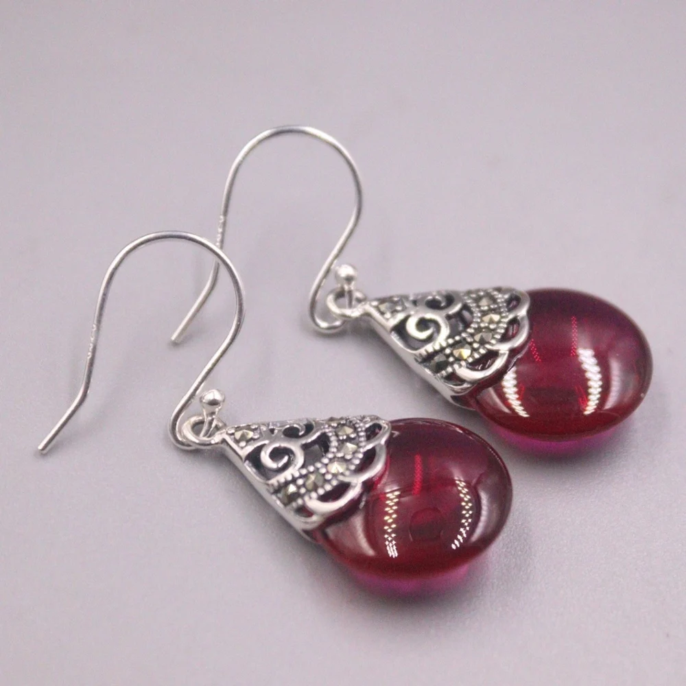 

Real Solid 925 Sterling Silver Dangle Women Gift Lucky Garnet Hollow Pattern Earrings