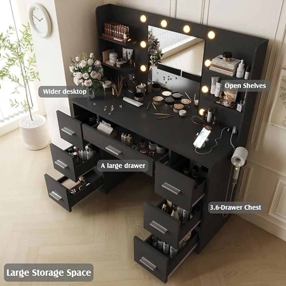 Vanity Desk with Mirror Power Outlet and 10 Lights Makeup Table with 7 Drawers 3 Color Modes Available image 3