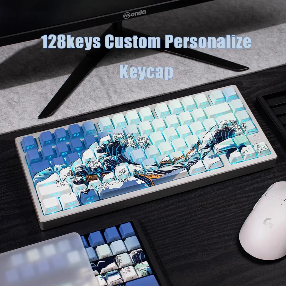 

Ukiyo-e красные/белые/синие прозрачные колпачки для клавиш с вишневым профилем, 128 клавиш, сублимационный ПБТ для стрельбы, механическая клавиатура