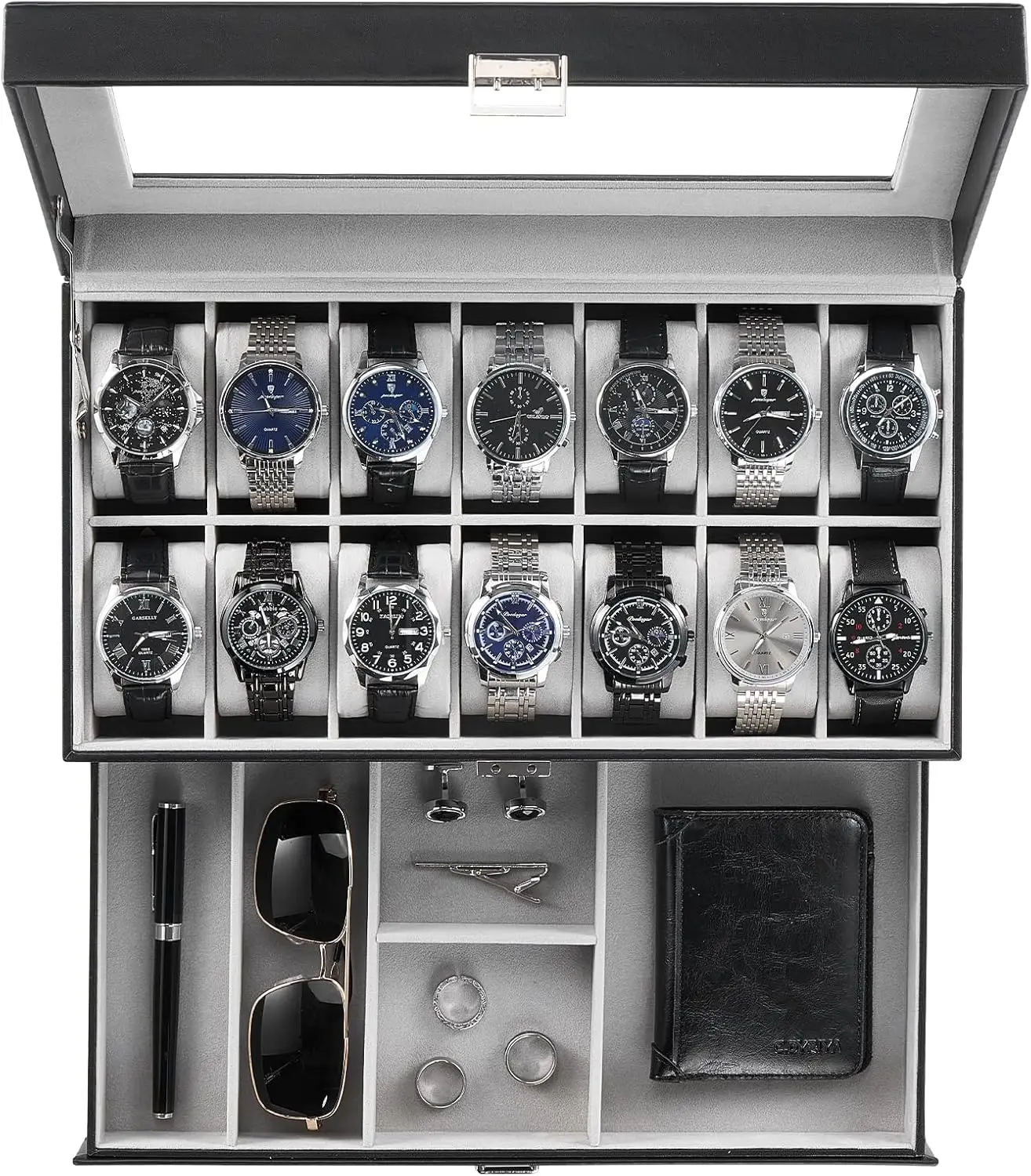 

ProCase Watch Box, 14 Slot Mens Watch Case With Drawer, 2-Layer Watch Display Case With Glass Lid, Mens Jewelry Box Storage
