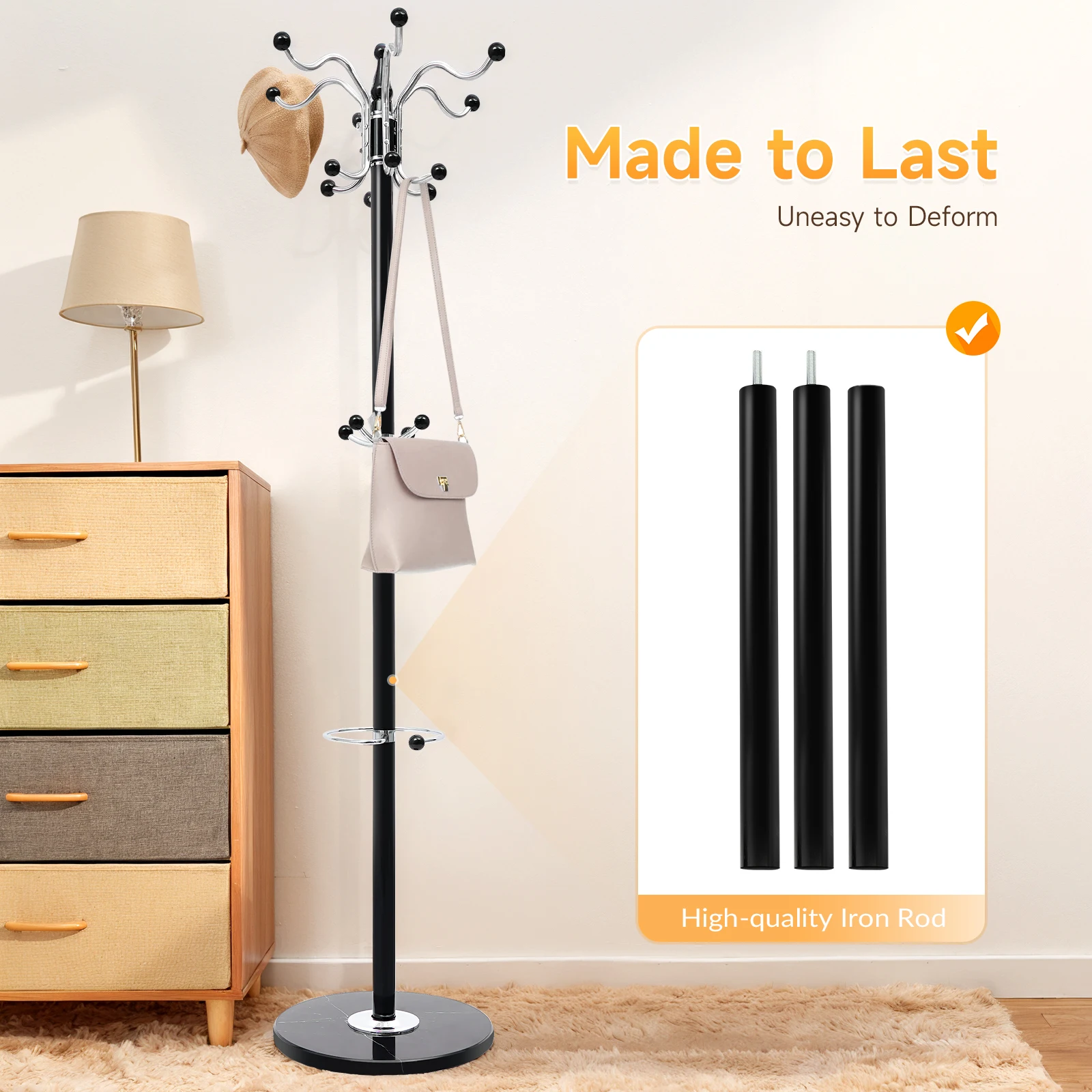 

170cm Coat Rack Freestanding, Modern Coat Rack with Natural Marble Base, Metal Freestanding Coat Rack with 17 Hooks