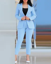 Office Lady Elegant Solid Two Piece Sets New Autumn Winter Women Fashion Lapel Long Sleeve Blazer & High Waist Work Pants Suit