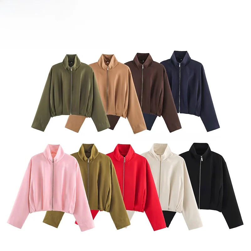 Fashionable Pilot Jacket Coat Women's Stand Collar Zipper Closure Polyester Fiber Standard Fit Short Outerwear for Ladies