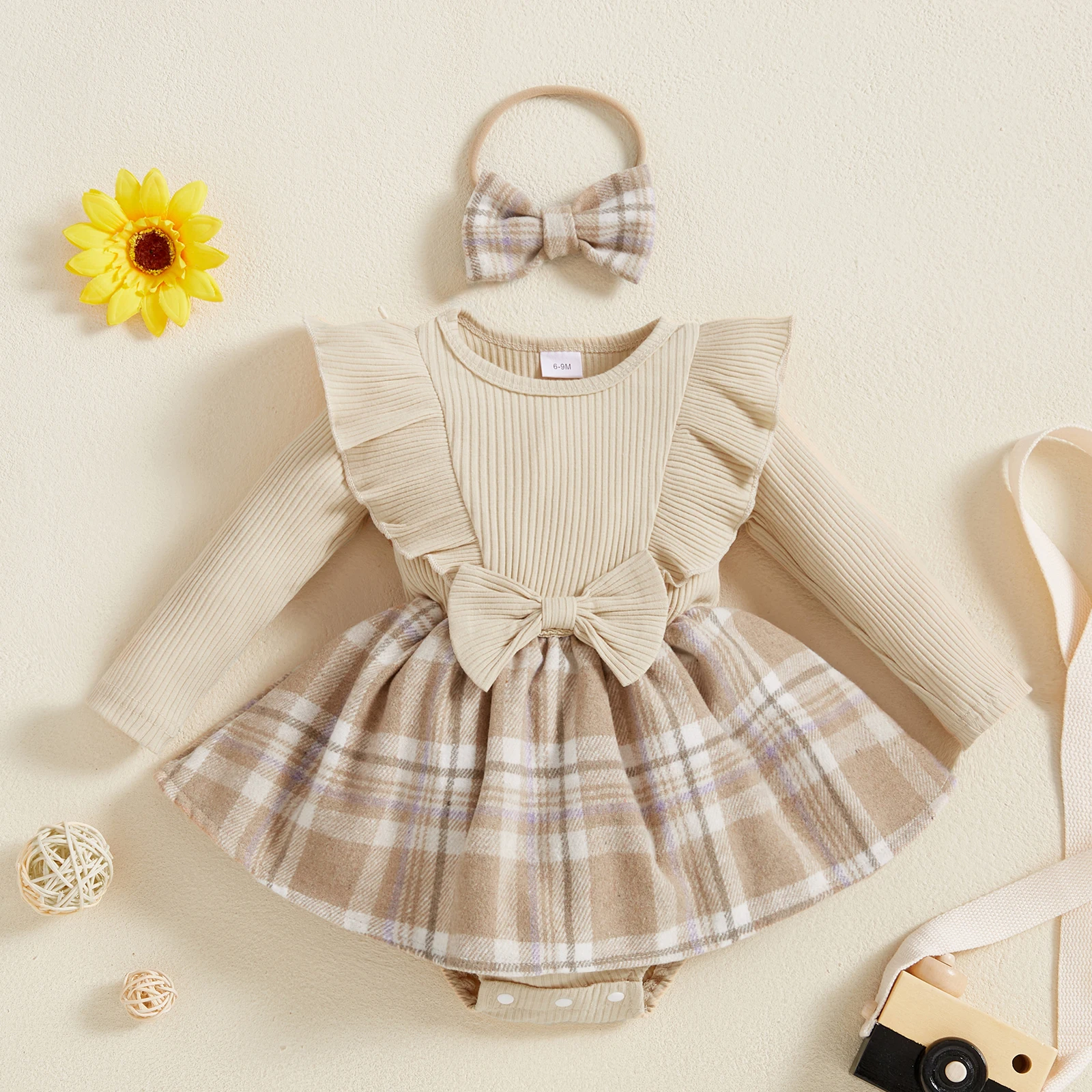 

Baby Girl 2Pcs Spring Fall Outfits Ruffle Long Sleeve Plaid Print Skirt Romper with Headband Set Infant Girls Bodysuits Clothes