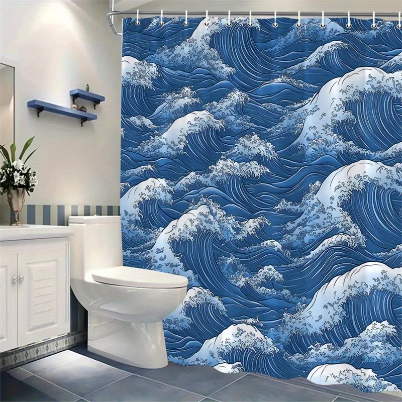 

1 шт., занавеска для душа с японским волнистым узором — темно-синие и белые океанские волны в стиле Хокусай, сложный дизайн из морской пены,