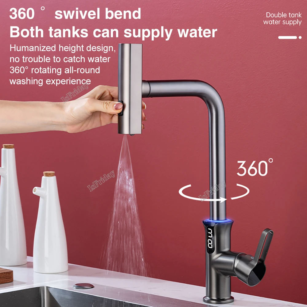 Waterfall Temperature Sensor Digital Display Kitchen Faucet Pull Out Stream Sprayer Hot Cold Water Sink Mixer Tap For Kitchen