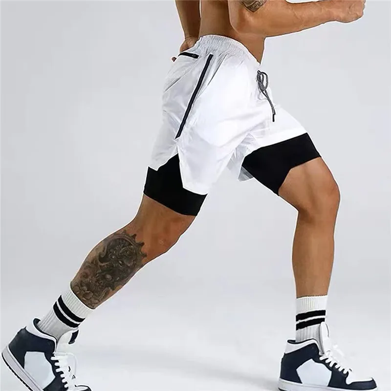 Men's 2 in 1 Running Shorts Men Security Leisure Quick Drying Sport Jogging Gym Built-in Hiden Pocket Summer Male Shorts H16