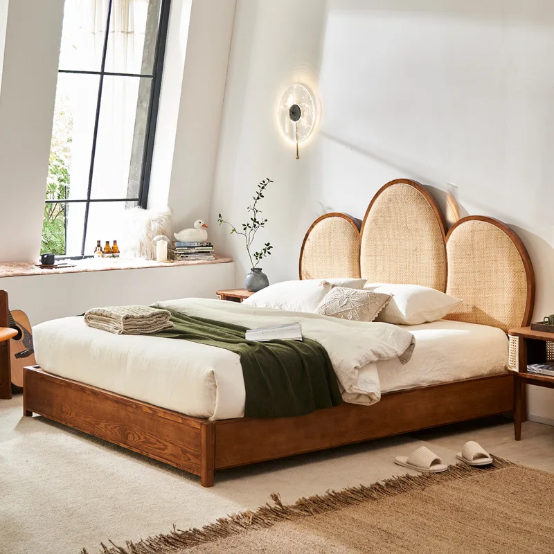 

Rattan solid wood bed retro 1.5m single bed home bedroom ins creative