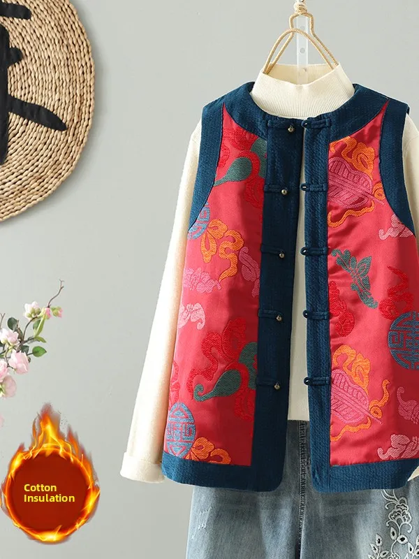 

Новый китайский хлопковый жилет из шелкового атласа с вышивкой на пуговицах, женский модный осенне-зимний круглый жилет свободного покроя