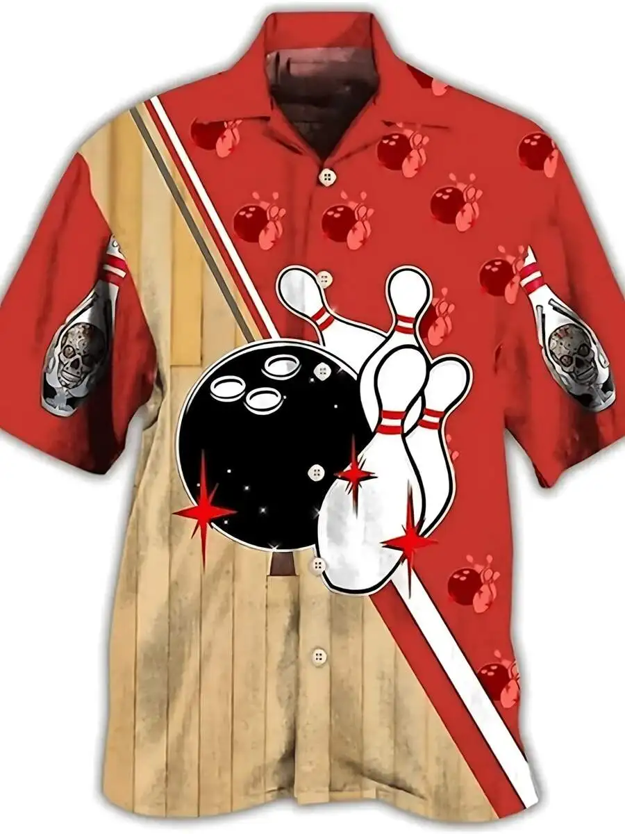

Mens Vintage Bowling Print Short Sleeve Shirt Casual 3D Graphic Top