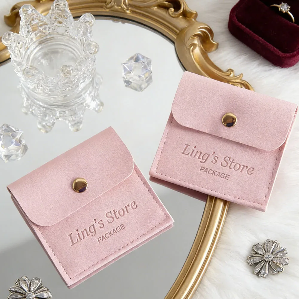 

Custom Logo 8x8cm PU Leather Jewelry Snap Bag Envelope Gold Button Pouch for Ring Earring Necklace Wedding Favors Gift Organizer