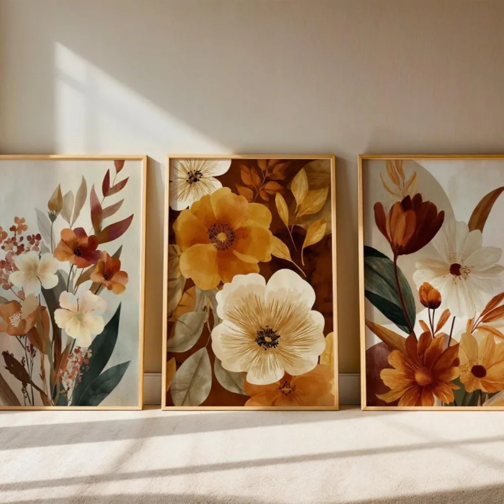 Frameless Autumn Flower Wall Art Set Autumn Flowers Digital Download Bohemian Plants Unisex Printable Rustic Home Decoration