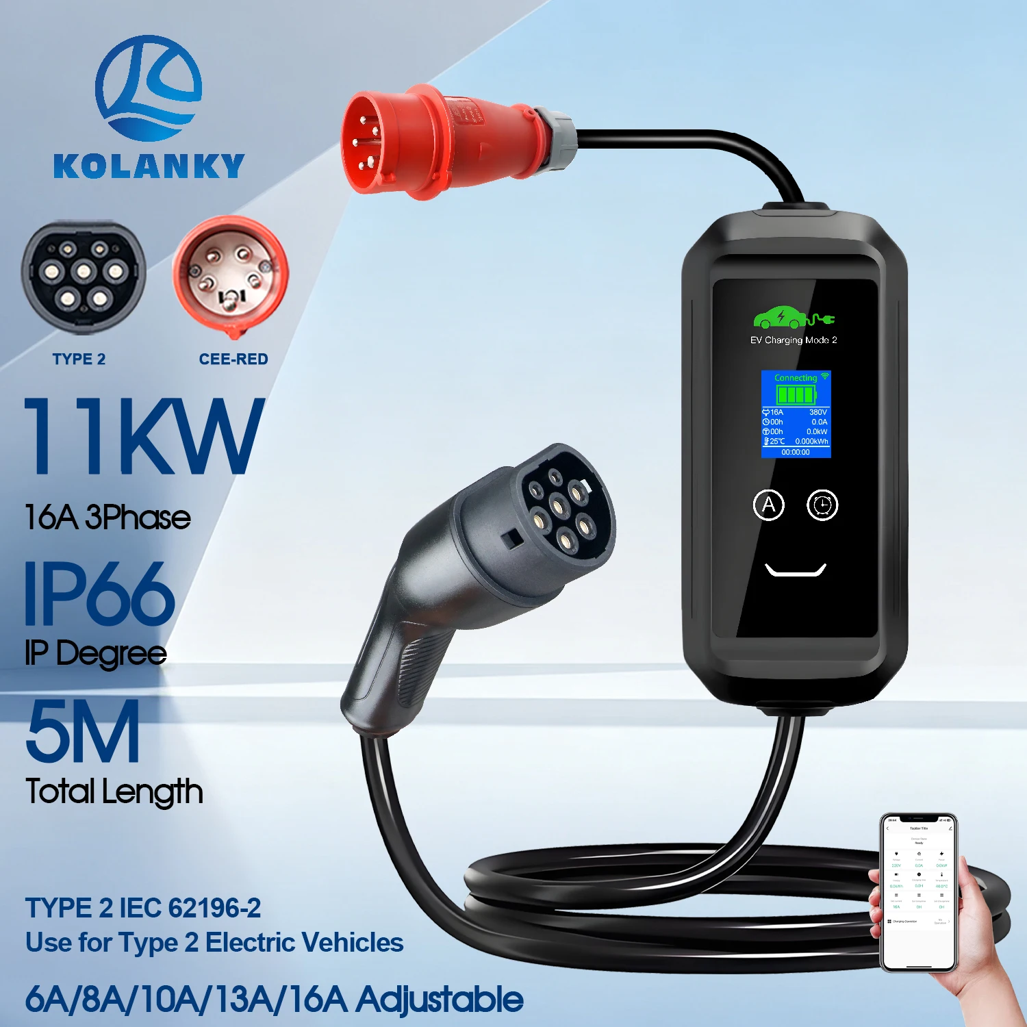 Tragbares Typ 2 EV-Ladegerät 11KW 16A 3-Phasen APP-Steuerung EVSE-Ladestation Einstellbarer Strom Gesamtlänge 5M