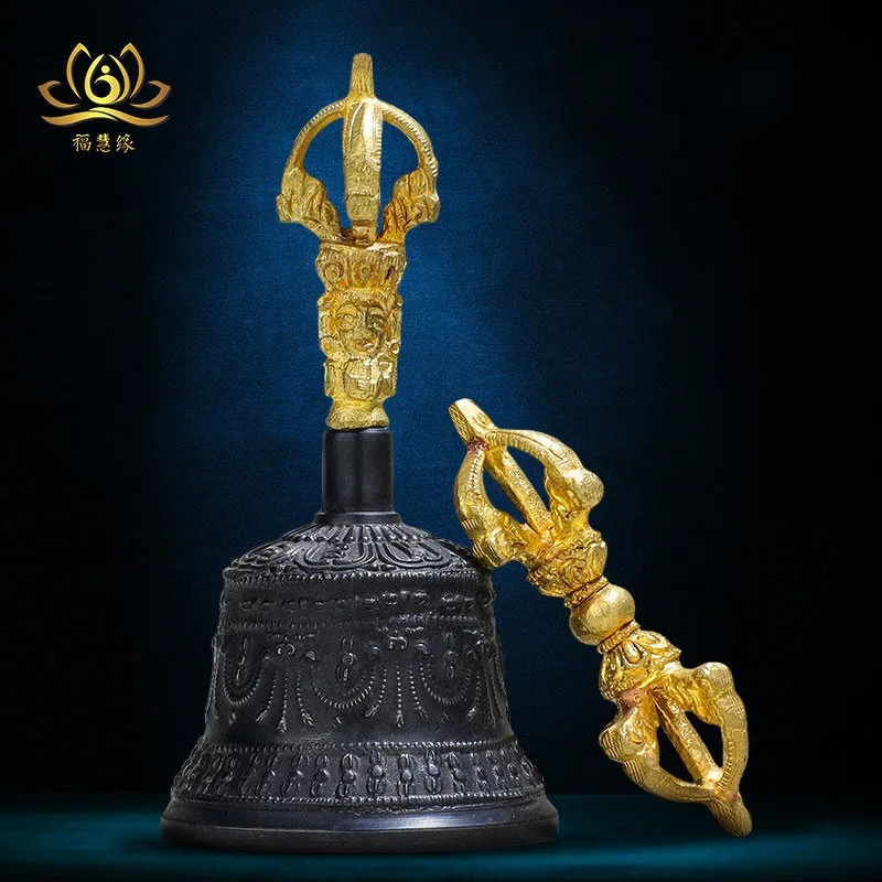 Handmade Pure Copper Tibetan Esoteric Five-Pronged Vajra Ritual Instrument Hand-Cranked Diamond Bell