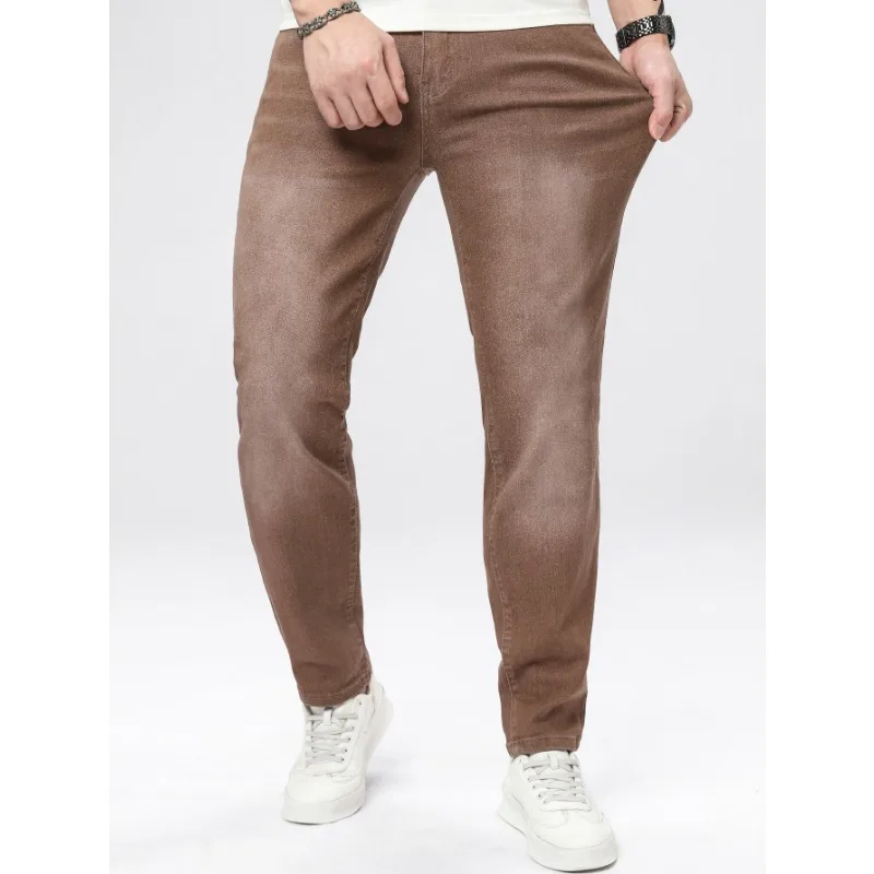 Men's Slim Fit Jeans Elastic Simple Long Brown Slimming Men's Trousers Multi-Process Men's Pants Casual Straight Leg Denim