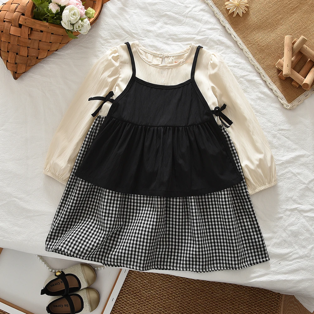 Koreanische Version Frühling und Herbst 1-5 Jahre Alte Schwestern Set Langarm Kariertes Kleid+Trägerweste Zweiteiliger Baby-Overall – Detail 12
