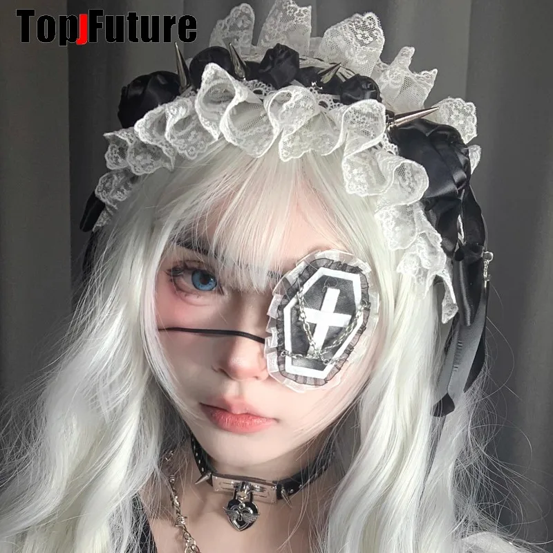 Streetwear Y2k Girl Women Gothic Lolita Cosplay Harajuku Punk Steampunk Lace Spike Cross Hairbands Hairband Cross Eye Mask