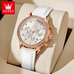 OLEVS 9933 Diamond Quartz Watch for Women Chronograph Waterproof Auto Date Wrist Clock Elegant Luxury Leather Strap Ladies Watch