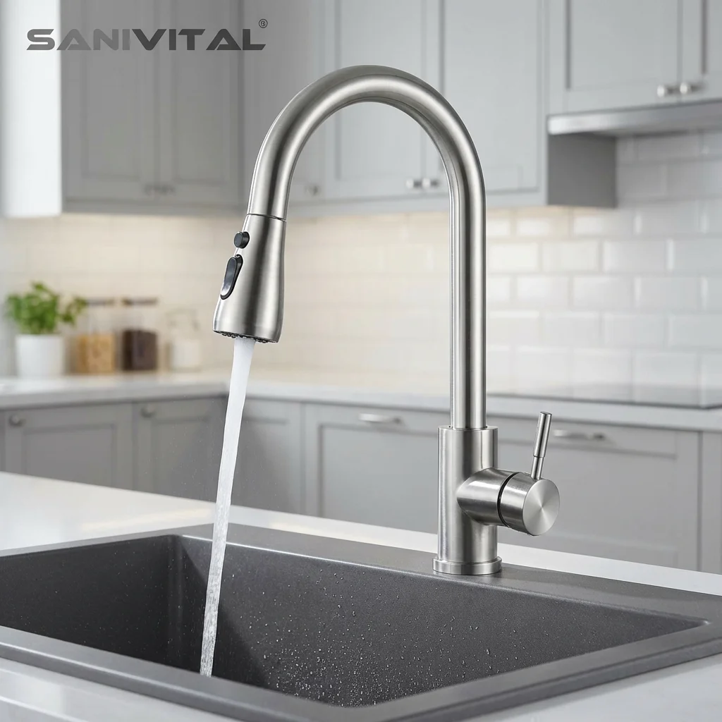 

SANIVITAL Кухонный смеситель с выдвижной лейкой из нержавеющей стали, поворотный на 360 градусов, для горячей и холодной воды