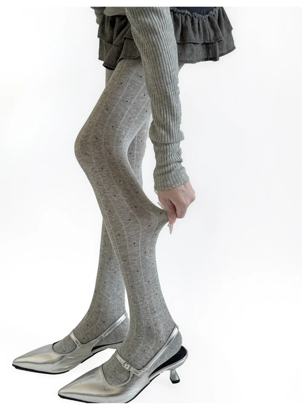 Essential Strumpfhose mit Polka-Dot-Muster, gerippte Textur, Baumwollmaterial, oberschenkelhohe Strümpfe, modische, bequeme Leggings – Detail 2