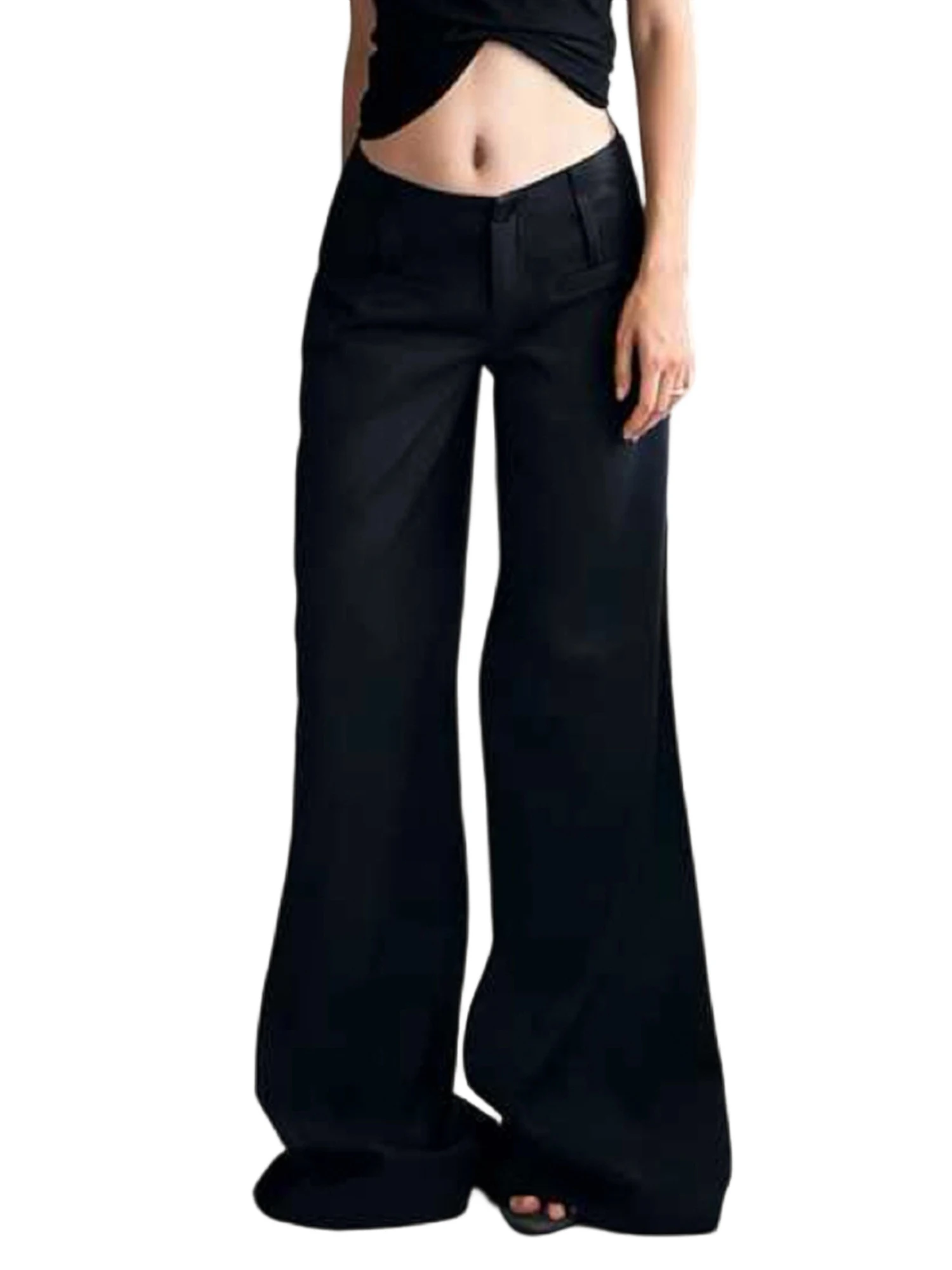 

Женские черные широкие брюки, однотонные повседневные костюмные брюки со средней посадкой на все сезоны