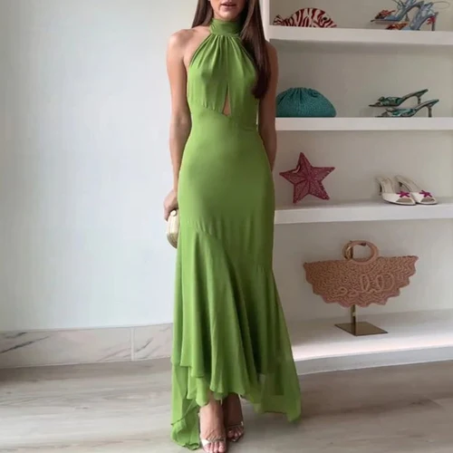 Imagen 2 del producto Vestido de oficina con cordones y espalda descubierta para mujer, vestido bohemio elegante con cuello Halter, vestido de fiesta ajustado con volantes de cintura alta liso para primavera