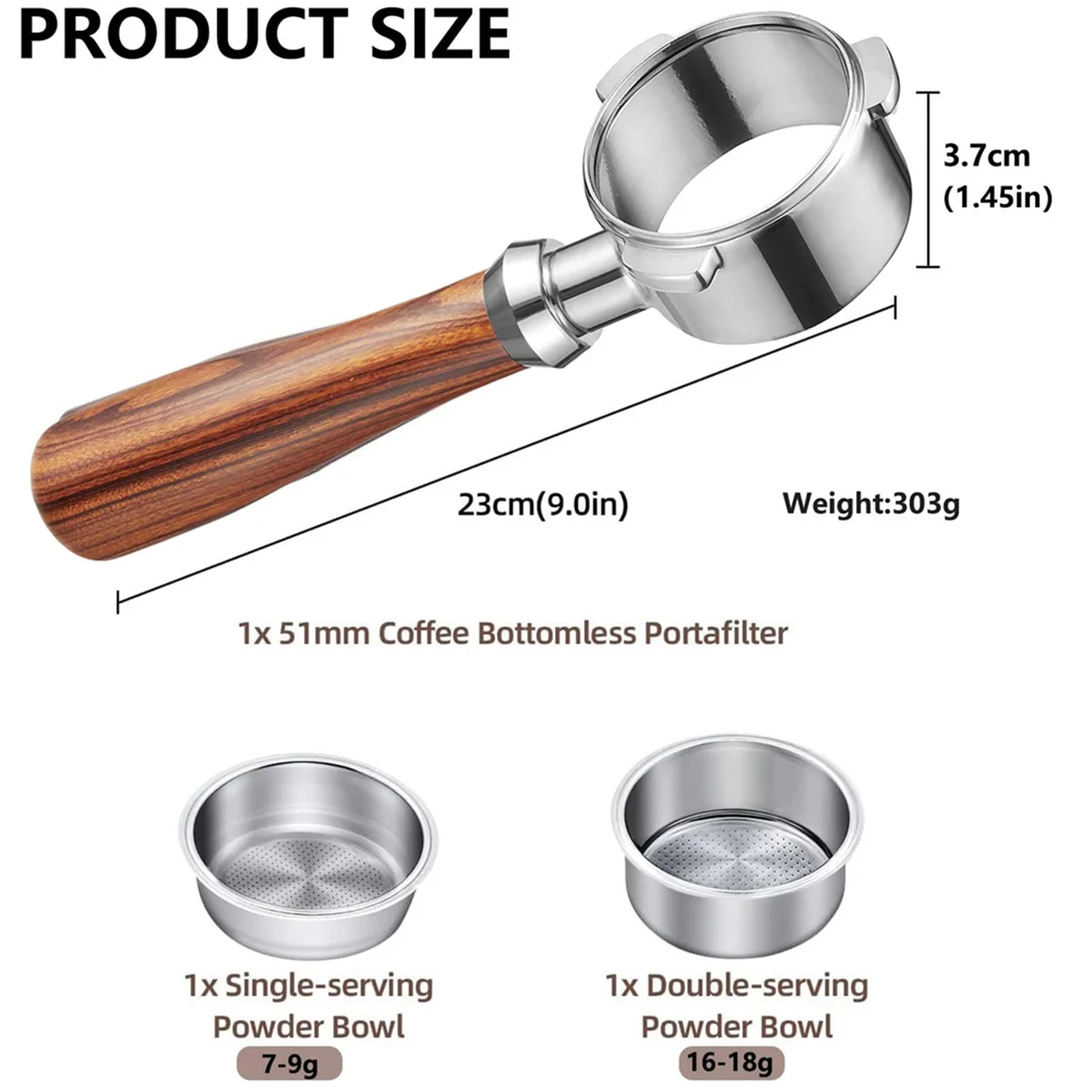 Bottomless Portafilter 51 mm, 3 Ears Bottomless Porta Filter, with Two Powder Trays, Stainless Steel Sieve