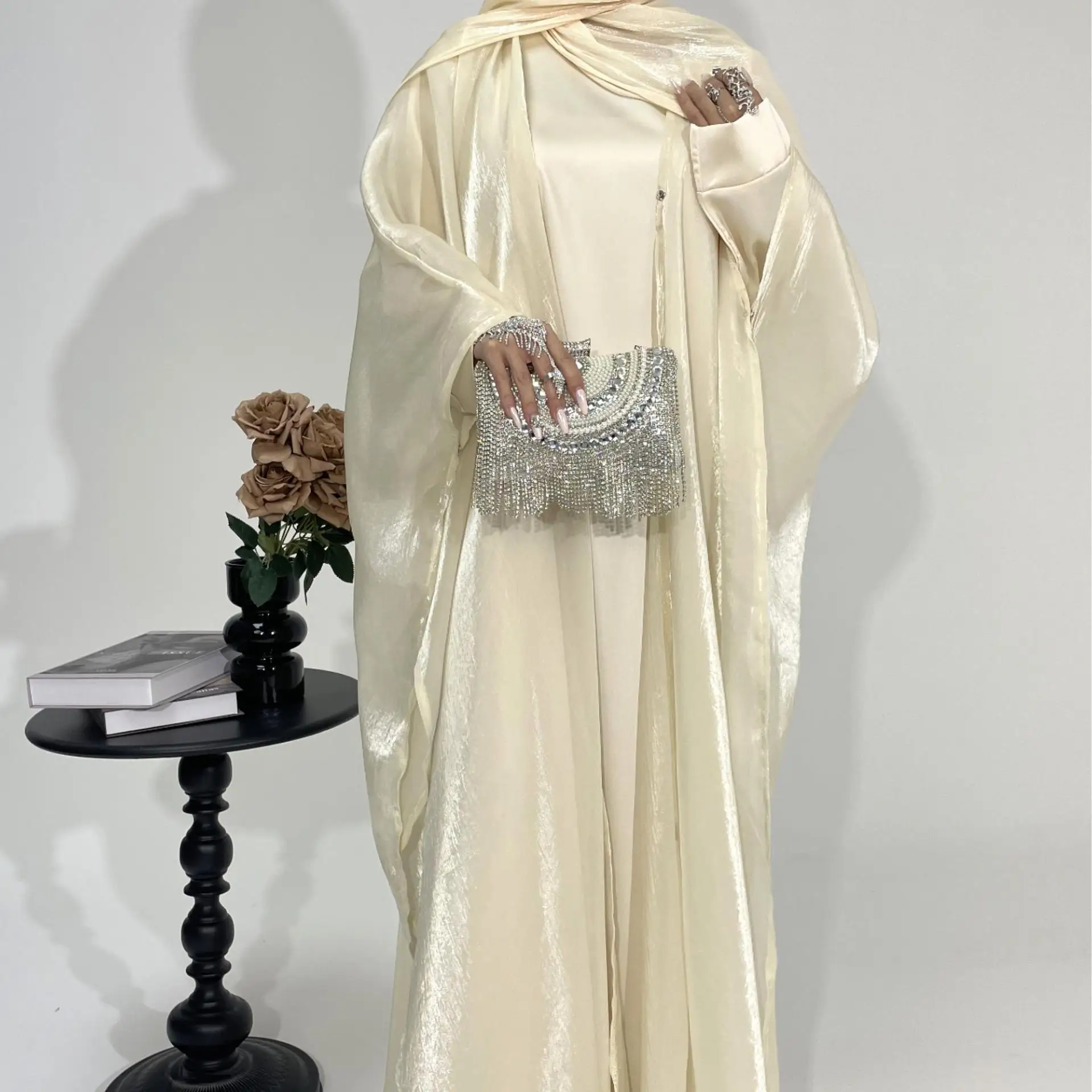 

Мусульманские 2023 новые модные женские однотонные элегантные повседневные модные свободные комплекты из 2 предметов, кардиган с длинными рукавами, пальто, внутренние платья