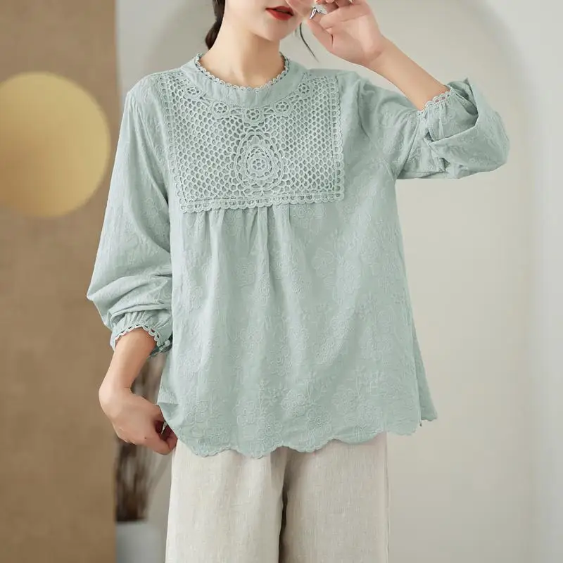 

New Arrival Spring Autumn Korea Fashion Women Long Sleeve Loose Blouse All-matched Casual O-neck Embroidery Shirt Female Tops