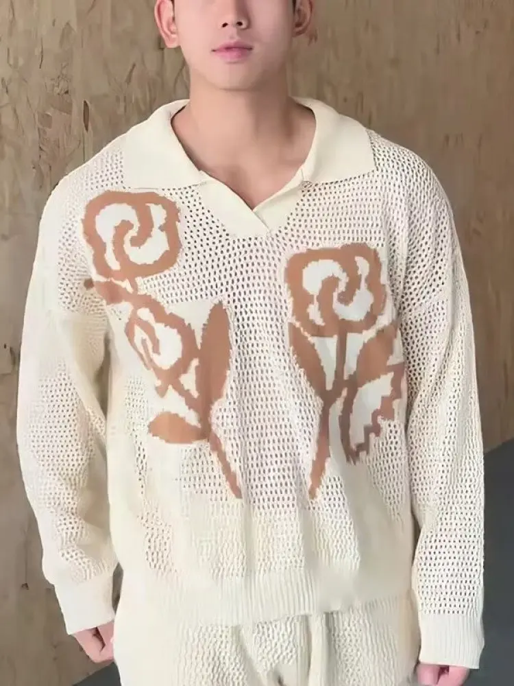 

Летняя мужская пляжная рубашка с длинным рукавом, свободного кроя, повседневная, модная, с цветочным узором