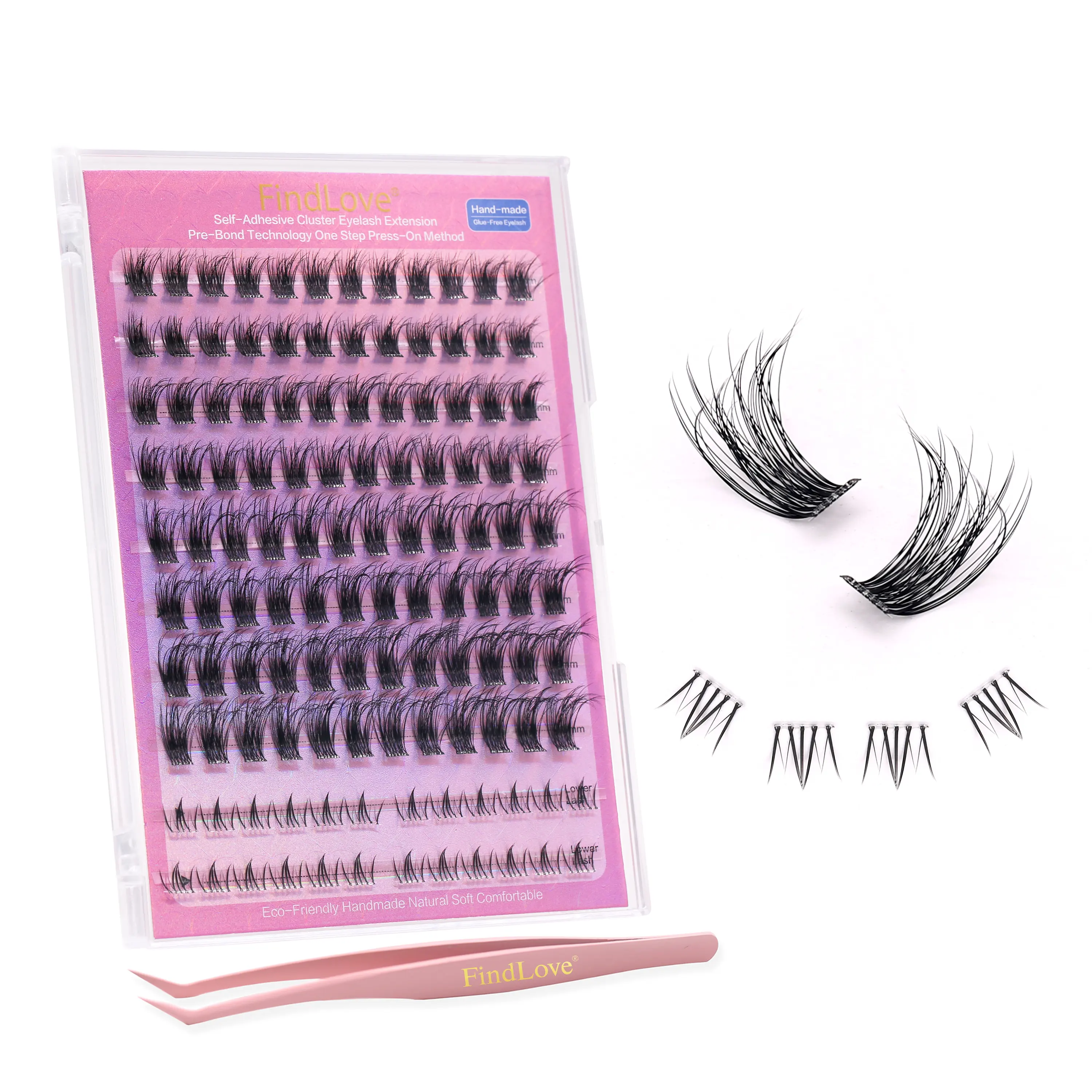 [Self Adhesive Eyelashes] 120pcs FindLove Glue Free Lash Reusable Fluffy Natural Press-on Eyelash Extension Set with Tweezer ﻿