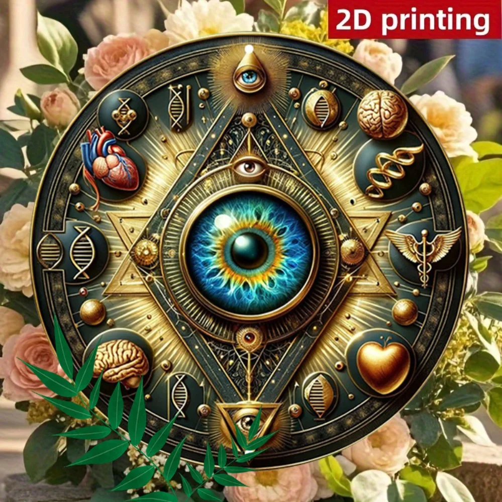 2D Metal Sign Round Wall Art - Gold Alchemy Mystic Eye Sacred Geometry Decor for Indoor Outdoor Home Kitchen Garden