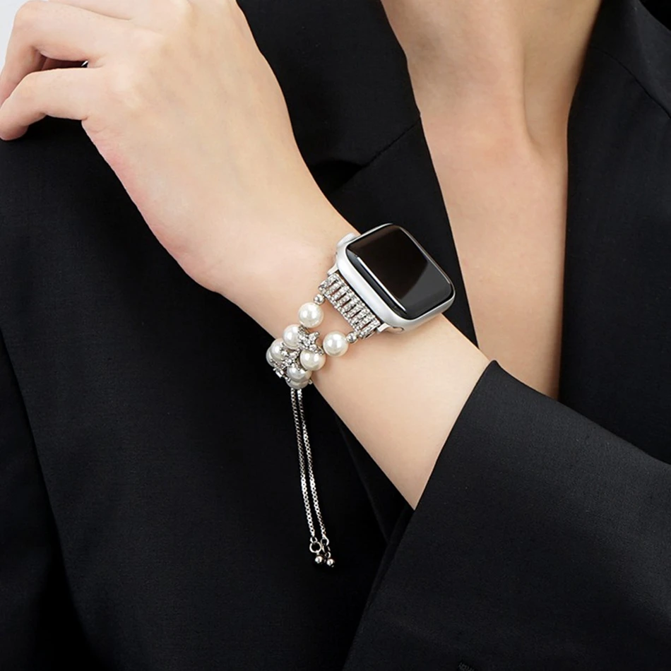 Luxury Diamond Dual Pearls Strap For Apple Watch Band S11/10/9/8/7/SE/6/Ultra 3 IWatch 49/46/45/44/42/41/40/38mm Metal Bracelet