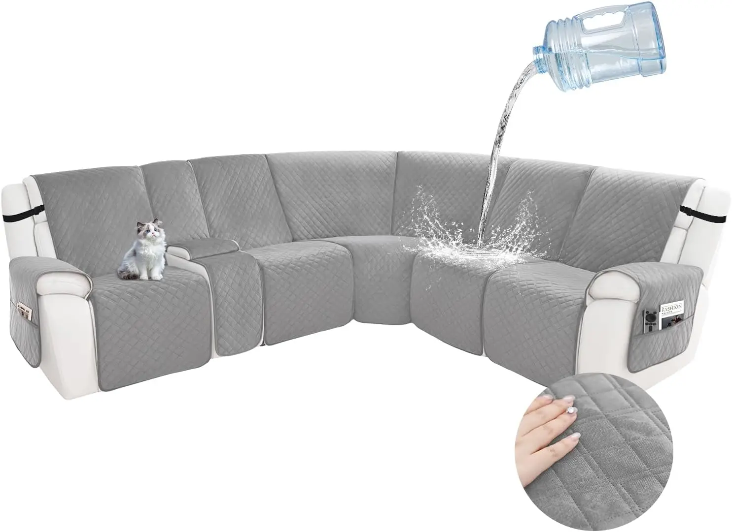 Capa de sofá secional reclinável à prova d'água antiderrapante lavável em forma de L 5 assentos 1 console cinza prateado