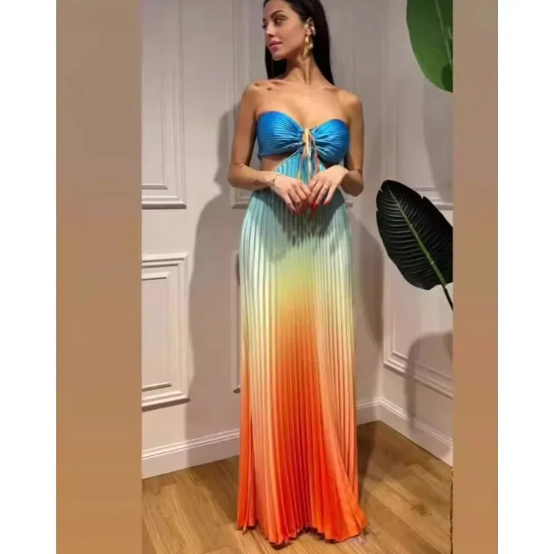 

2024 Summer Elegant Hollow Out Gradient Pleated Vacation Long Dress Women Sexy Halter Backless Sleeveless Loose Beachwear Robe