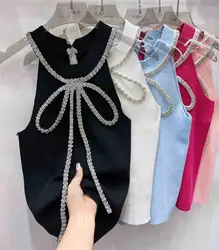 Luxury Diamonds Bow Stitch Sleeveless Knitted Top Slim Fit Halter Vest 2024 Summer Knitwear Sexy Crop Tank Top